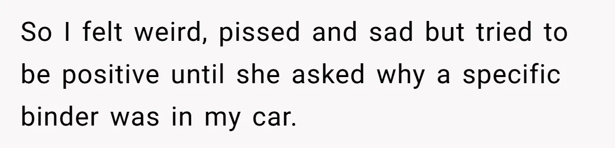 She Was Fired Without Warning, So She Took Everything She Had Bought For the Office. So I felt weird, pissed and sad but tried to be positive until she asked why a specific binder was in my car.