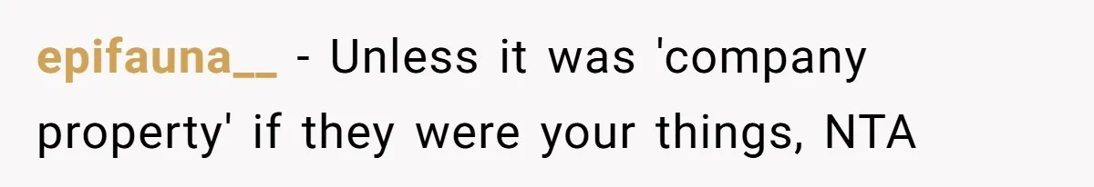 She Was Fired Without Warning, So She Took Everything She Had Bought For the Office. epifauna__ − Unless it was 'company property' if they were your things, NTA