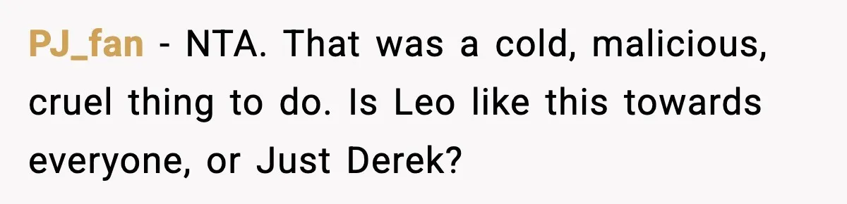 Dad Cancels Son’s Birthday After Cruel Attack On Grieving Stepbrother PJ_fan − NTA. That was a cold, malicious, cruel thing to do. Is Leo like this towards everyone, or Just Derek?