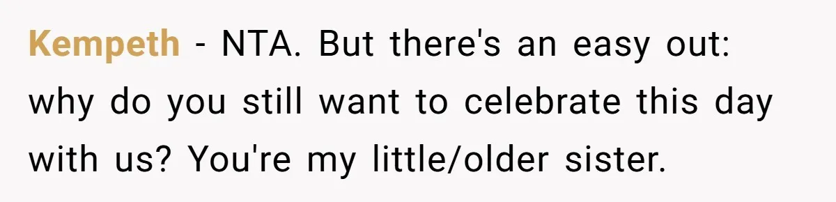 Sister Forces Family to Write 250-Word Essays to Attend Her Wedding - But One Guest Refuses to Grovel Kempeth − NTA. But there's an easy out: why do you still want to celebrate this day with us? You're my little/older sister.