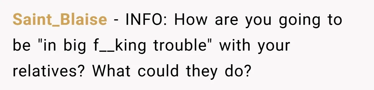 Sister Forces Family to Write 250-Word Essays to Attend Her Wedding - But One Guest Refuses to Grovel Saint_Blaise − INFO: How are you going to be "in big f__king trouble" with your relatives? What could they do?