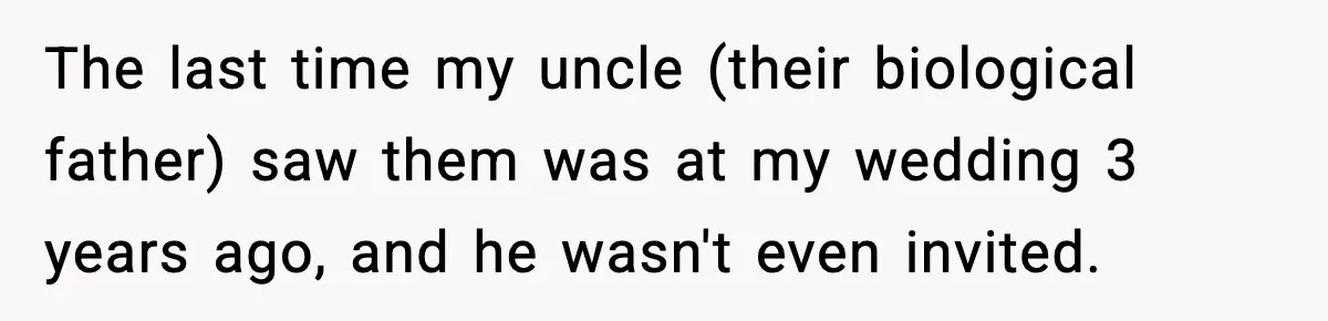 Woman Refuses To Let Newly Freed Sister See Her Kids, Family Calls Her “Cruel” The last time my uncle (their biological father) saw them was at my wedding 3 years ago, and he wasn't even invited.