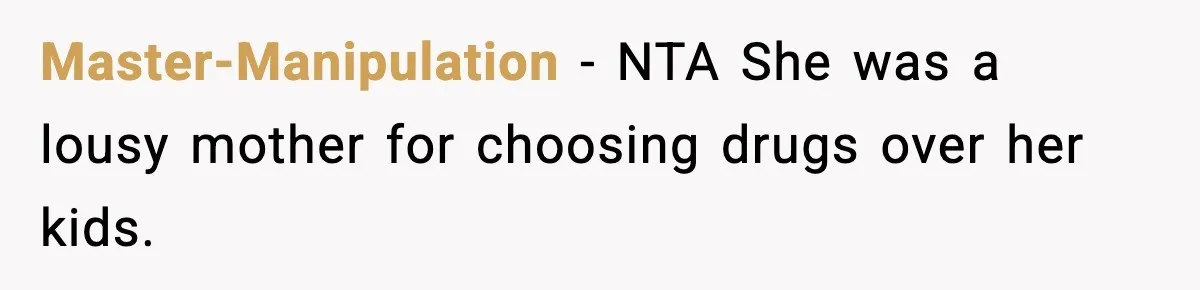 Woman Refuses To Let Newly Freed Sister See Her Kids, Family Calls Her “Cruel” Master-Manipulation − NTA She was a lousy mother for choosing drugs over her kids.