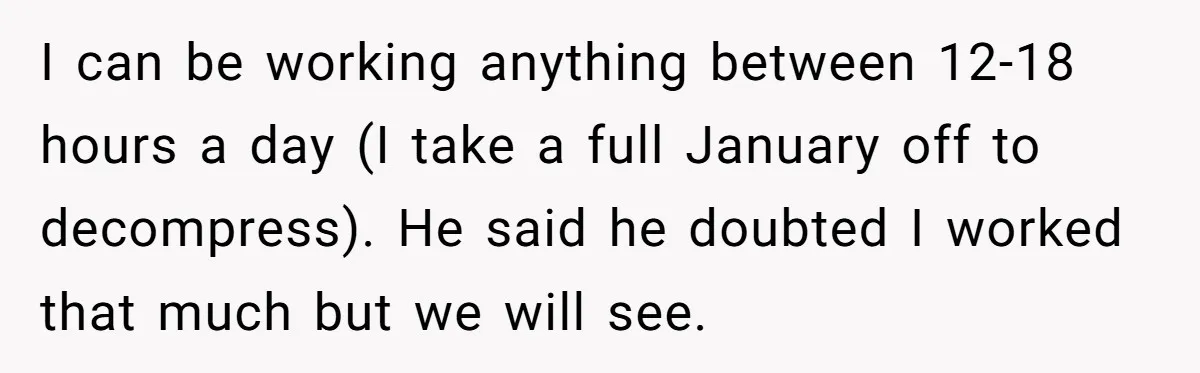 Girlfriend Refuses December Chores, Boyfriend Calls Her “Lazy” While Living In Her House I can be working anything between 12-18 hours a day (I take a full January off to decompress). He said he doubted I worked that much but we will see.