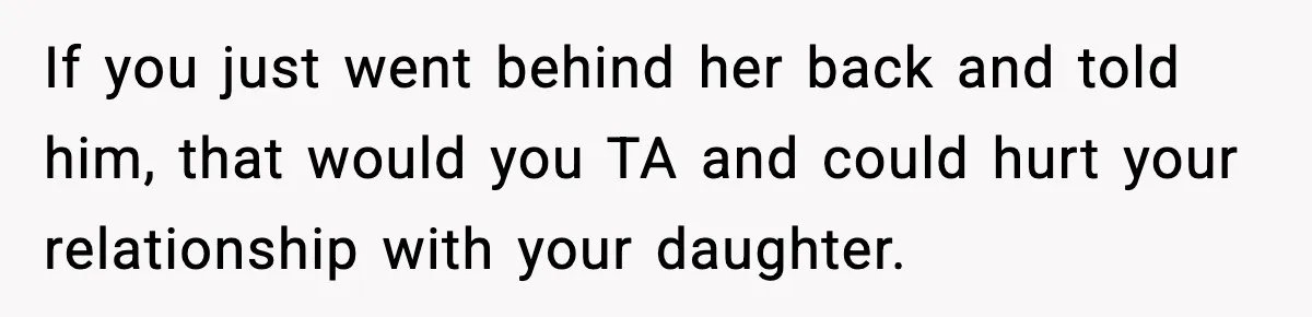 Bride-To-Be Hides Her Diagnosis, Father Threatens To Reveal It Before Wedding If you just went behind her back and told him, that would you TA and could hurt your relationship with your daughter.