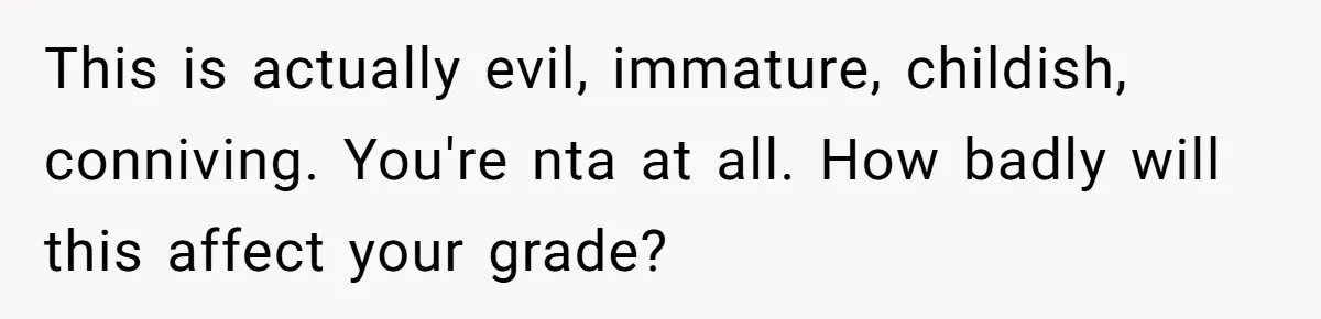Her Husband Sabotaged Her Future Over a Party - and Thought She Wouldn’t Notice This is actually evil, immature, childish, conniving. You're nta at all. How badly will this affect your grade?