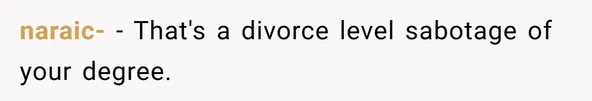 Her Husband Sabotaged Her Future Over a Party - and Thought She Wouldn’t Notice naraic- − That's a divorce level sabotage of your degree.