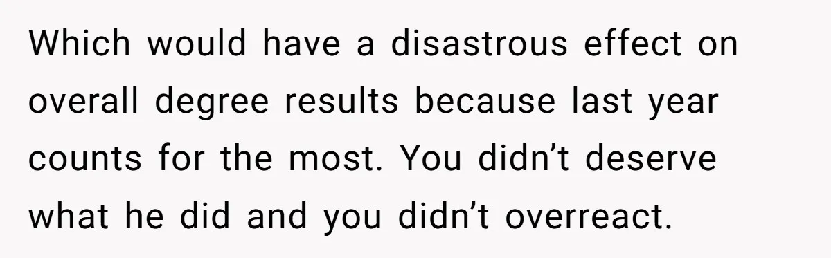 Her Husband Sabotaged Her Future Over a Party - and Thought She Wouldn’t Notice Which would have a disastrous effect on overall degree results because last year counts for the most. You didn’t deserve what he did and you didn’t overreact.