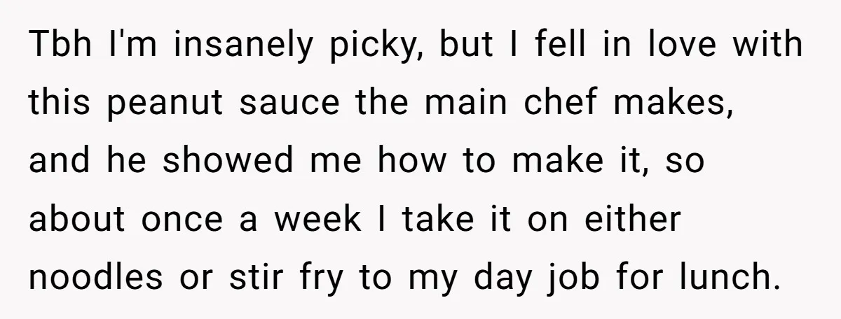 She Brought Peanut Noodles to Work… and Her Coworker Ended Up in the Hospital. The Truth? Wild! Tbh I'm insanely picky, but I fell in love with this peanut sauce the main chef makes, and he showed me how to make it, so about once a week...
