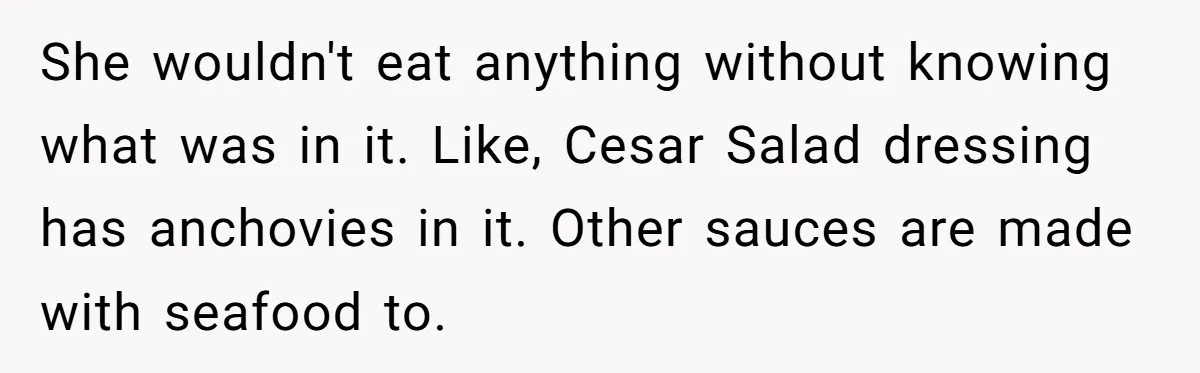 She Brought Peanut Noodles to Work… and Her Coworker Ended Up in the Hospital. The Truth? Wild! She wouldn't eat anything without knowing what was in it. Like, Cesar Salad dressing has anchovies in it. Other sauces are made with seafood to.