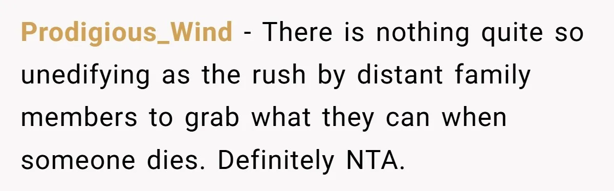 Siblings Call Police On Relatives Who Looted Their Dad’s House Days After His Death Prodigious_Wind − There is nothing quite so unedifying as the rush by distant family members to grab what they can when someone dies. Definitely NTA.