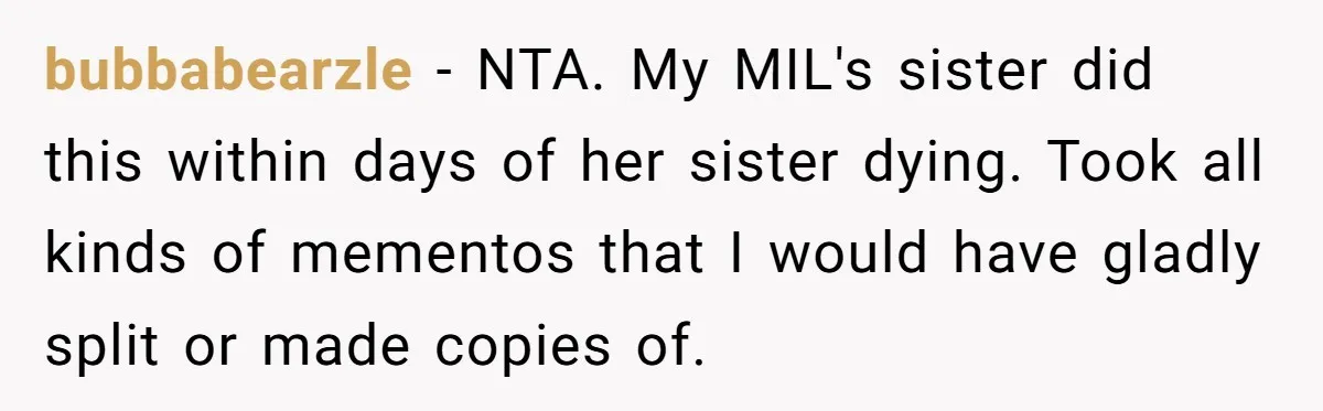 Siblings Call Police On Relatives Who Looted Their Dad’s House Days After His Death bubbabearzle − NTA. My MIL's sister did this within days of her sister dying. Took all kinds of mementos that I would have gladly split or made copies of.