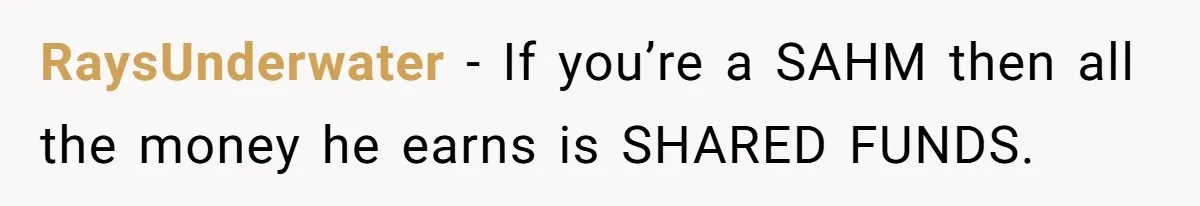 He Booked First Class for Himself and a Friend, and She Got Economy RaysUnderwater − If you’re a SAHM then all the money he earns is SHARED FUNDS.