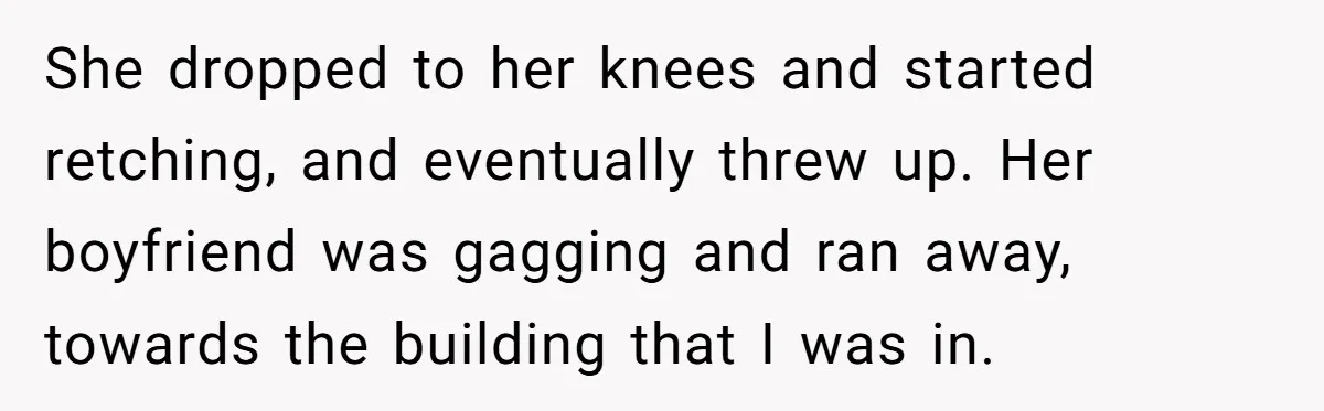 Teenagers Antagonized a Llama - and the Employee Let Nature Handle the Consequences She dropped to her knees and started retching, and eventually threw up. Her boyfriend was gagging and ran away, towards the building that I was in.
