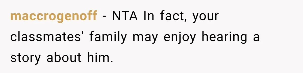 A 14-Year-Old Battles Himself Over Reclaiming His Sentimental Sweater From A Late Classmate's Family maccrogenoff − NTA In fact, your classmates' family may enjoy hearing a story about him.