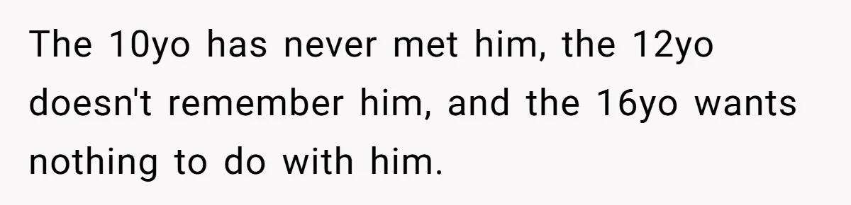 Parents Call Son's New Baby Their “First Grandchild”, Daughter Cancels Thanksgiving On The Spot The 10yo has never met him, the 12yo doesn't remember him, and the 16yo wants nothing to do with him.