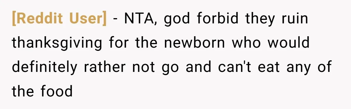 [Reddit User] − NTA, god forbid they ruin thanksgiving for the newborn who would definitely rather not go and can't eat any of the food
