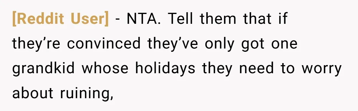 [Reddit User] − NTA. Tell them that if they’re convinced they’ve only got one grandkid whose holidays they need to worry about ruining,