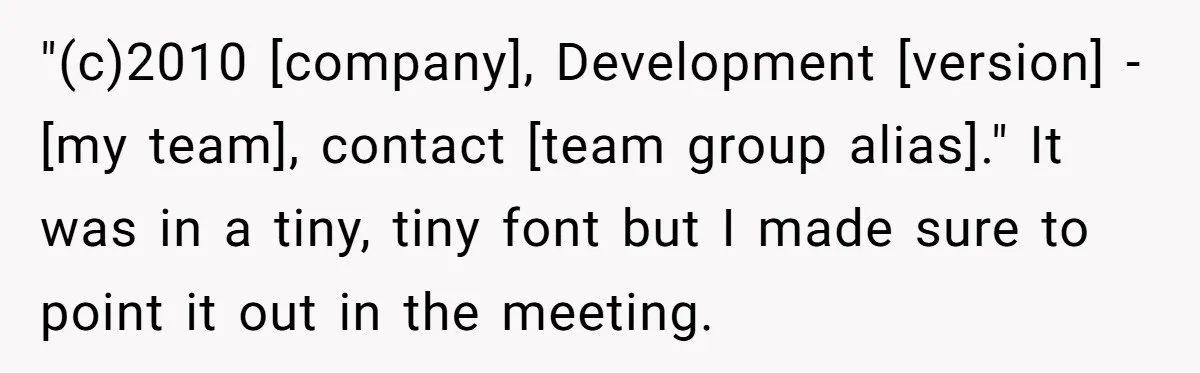 "(c)2010 [company], Development [version] - [my team], contact [team group alias]." It was in a tiny, tiny font but I made sure to point it out in the meeting.