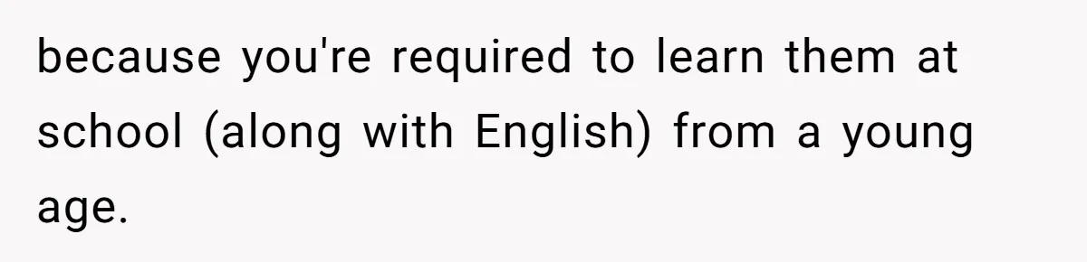 New Colleague Brags She’s Fluent In Three Languages, Native Speaker Exposes Her With One Sentence because you're required to learn them at school (along with English) from a young age.