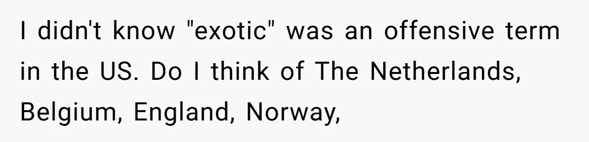 New Colleague Brags She’s Fluent In Three Languages, Native Speaker Exposes Her With One Sentence I didn't know "exotic" was an offensive term in the US. Do I think of The Netherlands, Belgium, England, Norway,