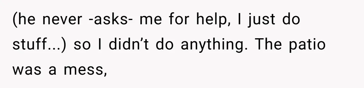 Husband Threw a BBQ for His Friends. Wife Didn’t Help… and the Whole Party Fell Apart (he never -asks- me for help, I just do stuff...) so I didn’t do anything. The patio was a mess,