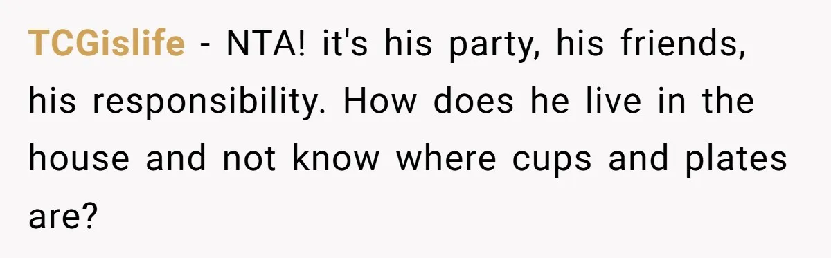 Husband Threw a BBQ for His Friends. Wife Didn’t Help… and the Whole Party Fell Apart TCGislife − NTA! it's his party, his friends, his responsibility. How does he live in the house and not know where cups and plates are?