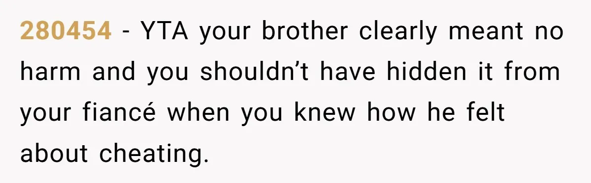 Woman Loses Fiancé After Brother Exposes A Teen Mistake, Now She’s Kicking Him Out 280454 − YTA your brother clearly meant no harm and you shouldn’t have hidden it from your fiancé when you knew how he felt about cheating.