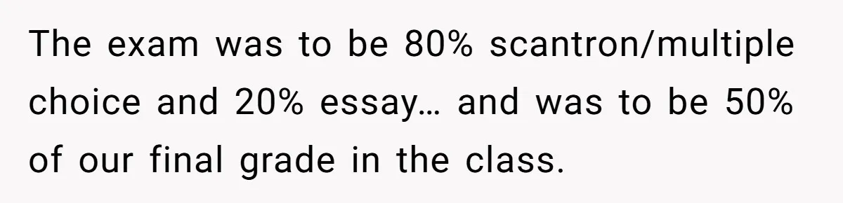 Senior Notices Cheater Invade Their Desk And Quietly Sets The Ultimate Finals Revenge Trap The exam was to be 80% scantron/multiple choice and 20% essay… and was to be 50% of our final grade in the class.