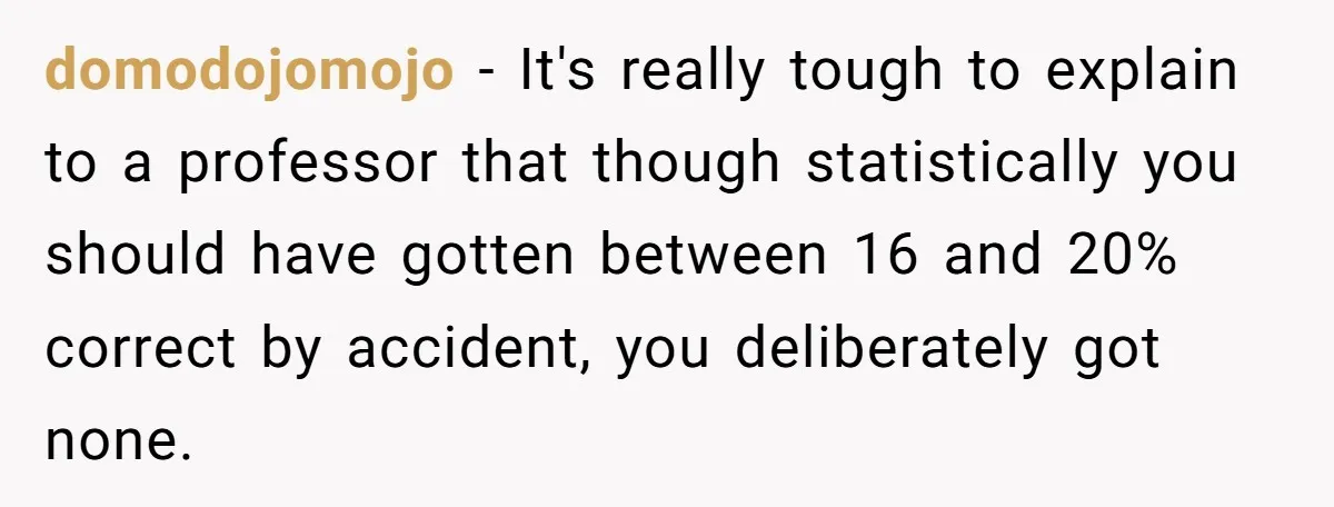 Senior Notices Cheater Invade Their Desk And Quietly Sets The Ultimate Finals Revenge Trap domodojomojo − It's really tough to explain to a professor that though statistically you should have gotten between 16 and 20% correct by accident, you deliberately got none.