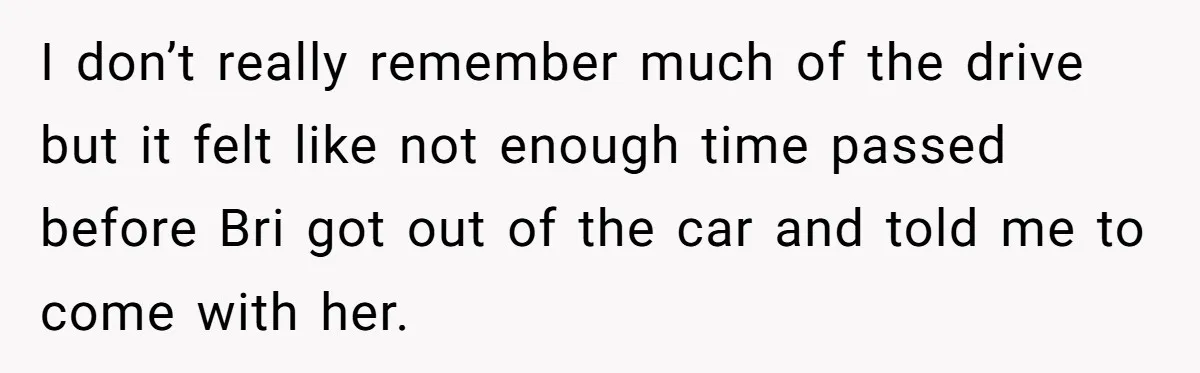 Teen Calls Brother After Sister-In-Law Dumps Her At A Pool And Accidentally Blows Up Their Marriage I don’t really remember much of the drive but it felt like not enough time passed before Bri got out of the car and told me to come with her.