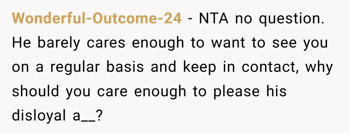 Teen Born From Affair Tells Absent Dad He No Longer Cares About Earning His Pride Wonderful-Outcome-24 − NTA no question. He barely cares enough to want to see you on a regular basis and keep in contact, why should you care enough to please his...