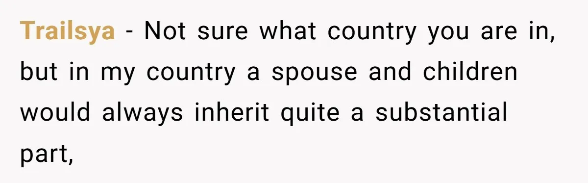 Her Ex Left Her $700,000 - Now His Family Demands She Give It All Away Trailsya − Not sure what country you are in, but in my country a spouse and children would always inherit quite a substantial part,