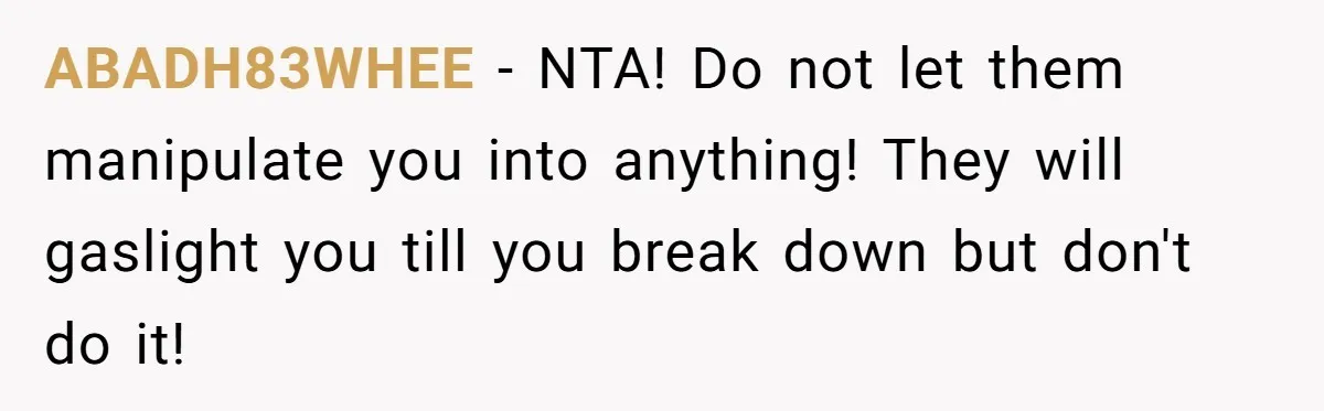 Parents Furious After Woman Replaces Her Son’s Broken Console With Nephew’s Gift ABADH83WHEE - NTA! Do not let them manipulate you into anything! They will gaslight you till you break down but don't do it!