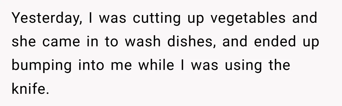 Mom Insists On Sharing The Kitchen Every Morning, Daughter Finally Loses Patience Yesterday, I was cutting up vegetables and she came in to wash dishes, and ended up bumping into me while I was using the knife.
