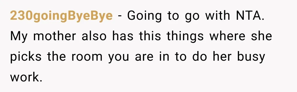 Mom Insists On Sharing The Kitchen Every Morning, Daughter Finally Loses Patience 230goingByeBye − Going to go with NTA. My mother also has this things where she picks the room you are in to do her busy work.