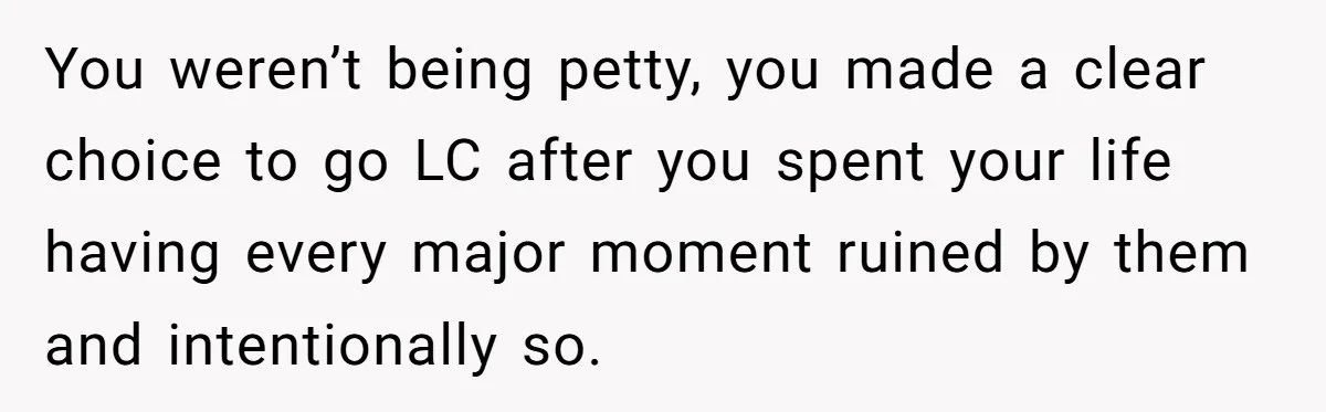 Son Cuts Parents Off Just Because They Keep Dropping Devastating News On His Biggest Days You weren’t being petty, you made a clear choice to go LC after you spent your life having every major moment ruined by them and intentionally so.