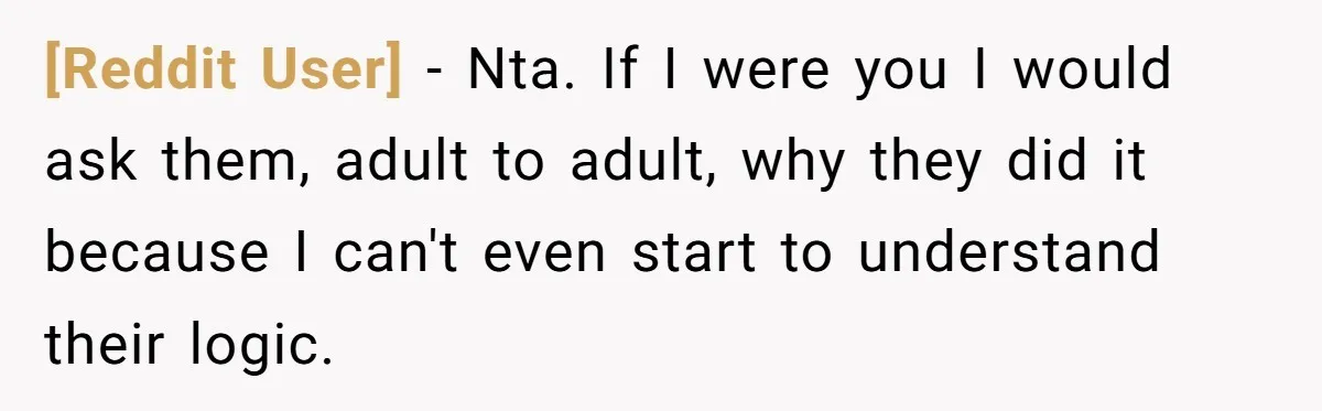 [Reddit User] − Nta. If I were you I would ask them, adult to adult, why they did it because I can't even start to understand their logic.