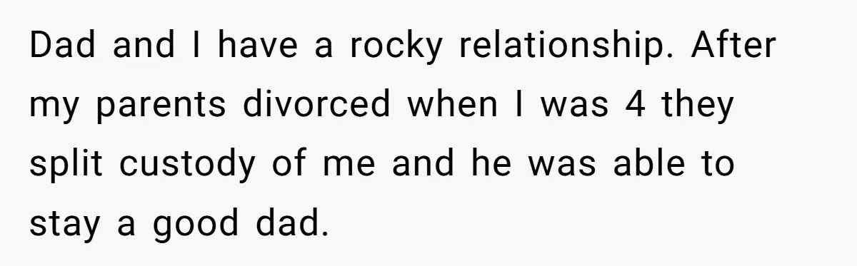 Son Publicly Cuts Off His Father At Graduation After Years Of Favouritism Blow Up In One Final Betrayal Dad and I have a rocky relationship. After my parents divorced when I was 4 they split custody of me and he was able to stay a good dad.