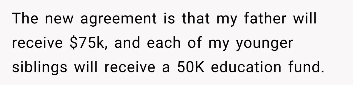 Dad Expects A Massive Inheritance, But His Parents Drop A Truth Bomb At The Family Meeting The new agreement is that my father will receive $75k, and each of my younger siblings will receive a 50K education fund.