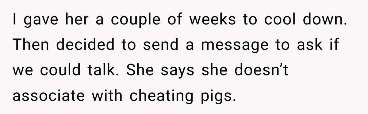 He Helped His Sister Through College, But She Thinks His Grief Timeline Makes Him A Monster I gave her a couple of weeks to cool down. Then decided to send a message to ask if we could talk. She says she doesn’t associate with cheating pigs.