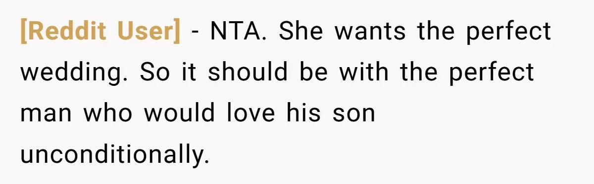 [Reddit User] − NTA. She wants the perfect wedding. So it should be with the perfect man who would love his son unconditionally.