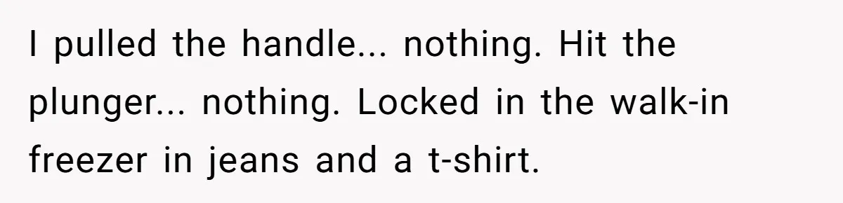 Boss Who Banned Phones At Work Gets Stuck In Giant Freezer For Twenty-Five Chilly Minutes I pulled the handle... nothing. Hit the plunger... nothing. Locked in the walk-in freezer in jeans and a t-shirt.