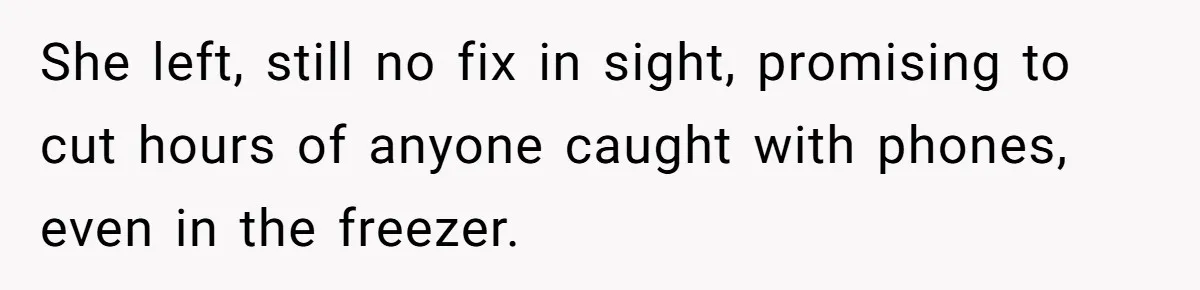 Boss Who Banned Phones At Work Gets Stuck In Giant Freezer For Twenty-Five Chilly Minutes She left, still no fix in sight, promising to cut hours of anyone caught with phones, even in the freezer.