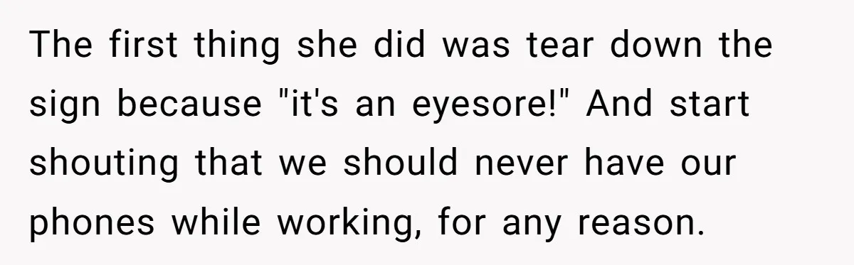 Boss Who Banned Phones At Work Gets Stuck In Giant Freezer For Twenty-Five Chilly Minutes The first thing she did was tear down the sign because "it's an eyesore!" And start shouting that we should never have our phones while working, for any reason.