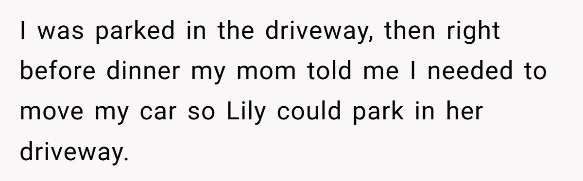 I was parked in the driveway, then right before dinner my mom told me I needed to move my car so Lily could park in her driveway.