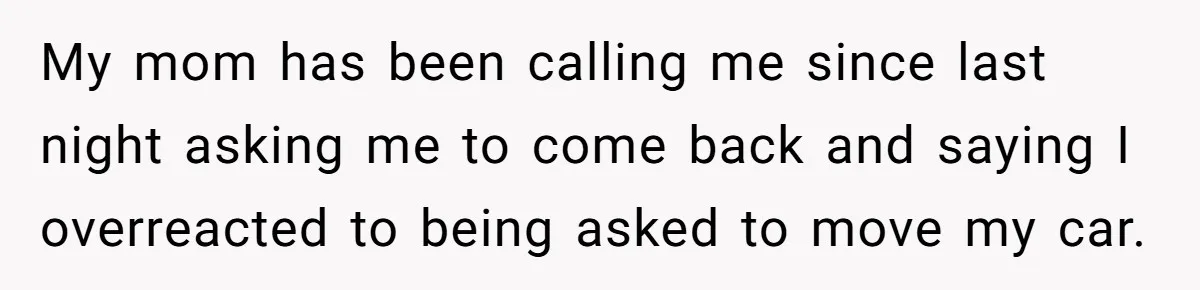 My mom has been calling me since last night asking me to come back and saying I overreacted to being asked to move my car.