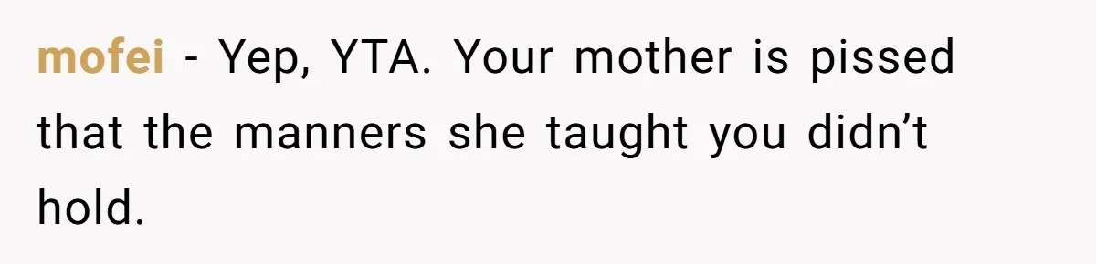 She Laughs At Brother’s Girlfriend’s Comments, Then Drops An Insult That Ends The Night mofei − Yep, YTA. Your mother is pissed that the manners she taught you didn’t hold.