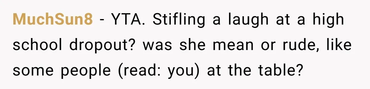 She Laughs At Brother’s Girlfriend’s Comments, Then Drops An Insult That Ends The Night MuchSun8 − YTA. Stifling a laugh at a high school dropout? was she mean or rude, like some people (read: you) at the table?