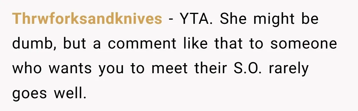 She Laughs At Brother’s Girlfriend’s Comments, Then Drops An Insult That Ends The Night Thrwforksandknives − YTA. She might be dumb, but a comment like that to someone who wants you to meet their S.O. rarely goes well.